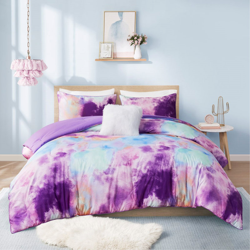 Ensemble d'édredon à imprimé de teinture par aquarelle avec coussin décoratif, Édredon grand et 3 pièces supplémentaires