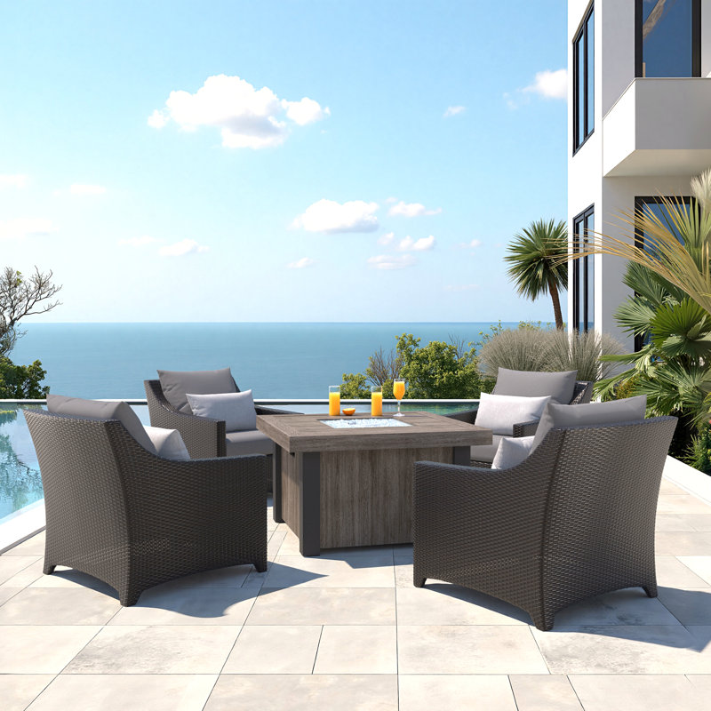 Fionnula 5 Piece Wicker Multiple Chairs Seating Group With Sunbrella Cushion Covers, Charcoal Grey Sunbrella®