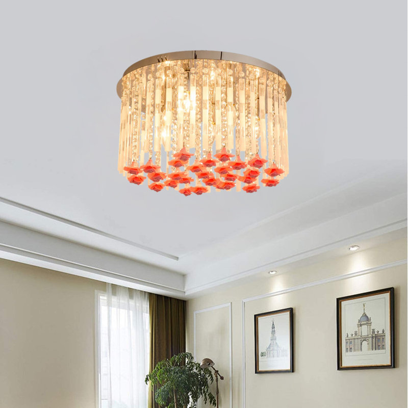 Alcina 20" Shabby Elegance Crystal Tube with Red Flower Flush Mount Girl Bedroom