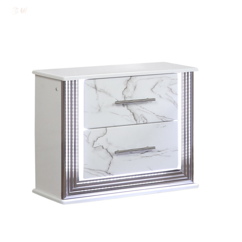 Desire Nightstand – Marble-Inspired Drawer Fronts, LED Side Lighting, And Metallic Trim For Glamorous And Practical Bedside Storage