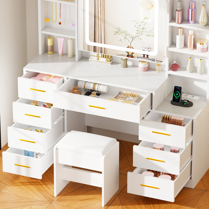 Adriel Modern Makeup Vanity With 8 Drawers & Power Outlet And Mirror Cabinet