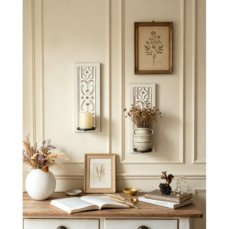 Ensemble de 2 appliques murales en bois, dessus vieilli pour bougies piliers ou plantes, foyer, White