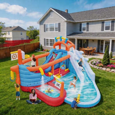 11-In-1 Inflatable Water Park Bounce Castle, Dual Slide Wet & Dry Combo With Blower For Kids