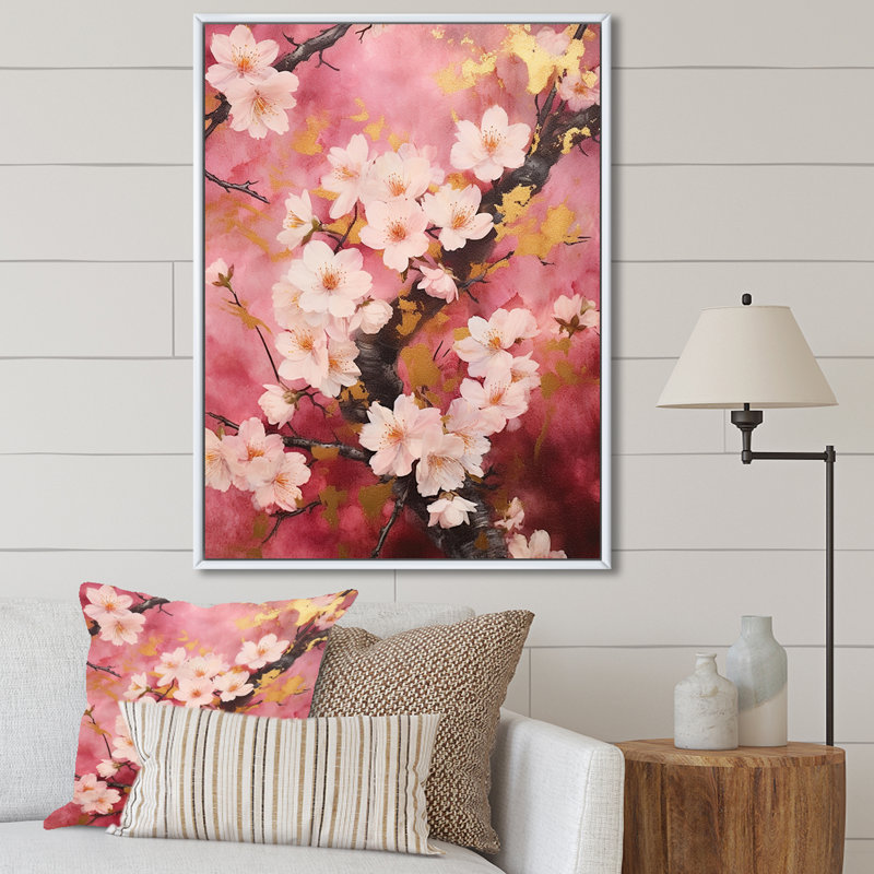 «Cherry Blossoms», collage rose foncé sur toile, Cadre flottant blanc, 20" H x 12" W