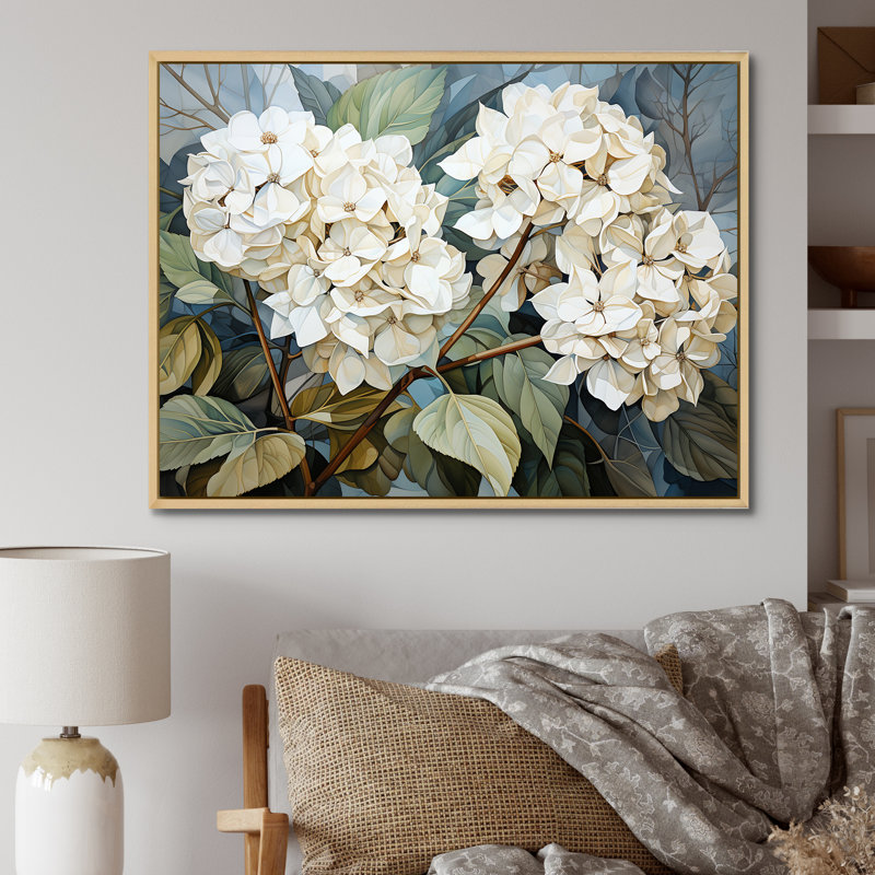 «Cubist Hydrangea L'interpretation» - art mural hortensia, Cadre naturel flottant, H 34 po x l 44 po x P 1,5 po