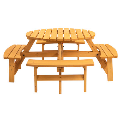 Table de pique-nique pour 8 personnes, camping en plein air amusant, salle à manger avec siège, jardin, 4 bancs encastrés, capacité de 2220 lb, bois naturel, personne assise dans le camping, sièges