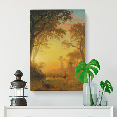 Sunset River With Deer by Albert Bierstadt - Wrapped Canvas