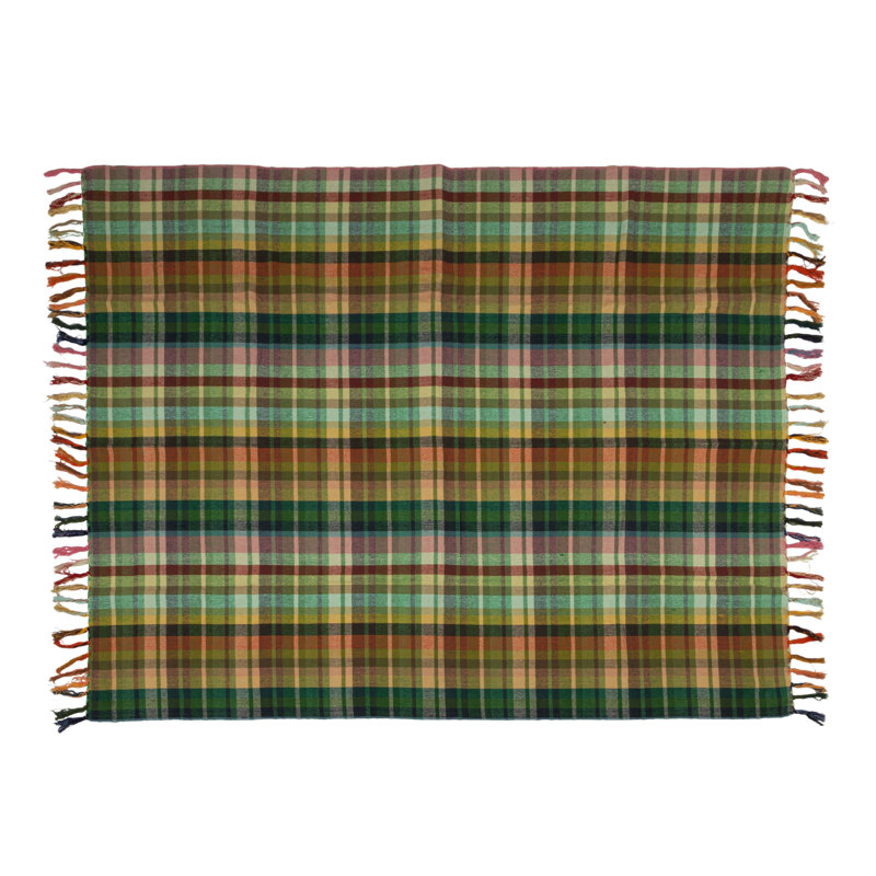 Plaid Woven Cotton Throw With Pattern And Fringe