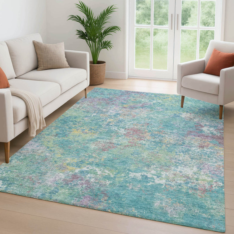 Premium Machine Washable Mayfield abstract Rug, Teal, 8' x 10'