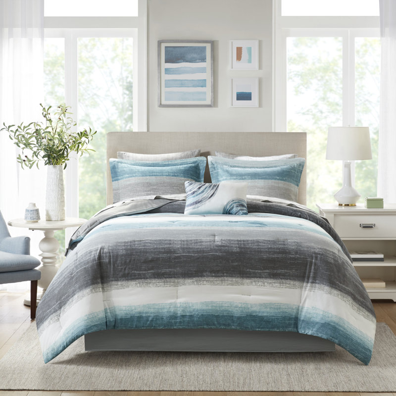 Saben Striped Comforter Set with Cotton Bed Sheets, King Comforter + 8 Additional Pieces, Aqua/Grey