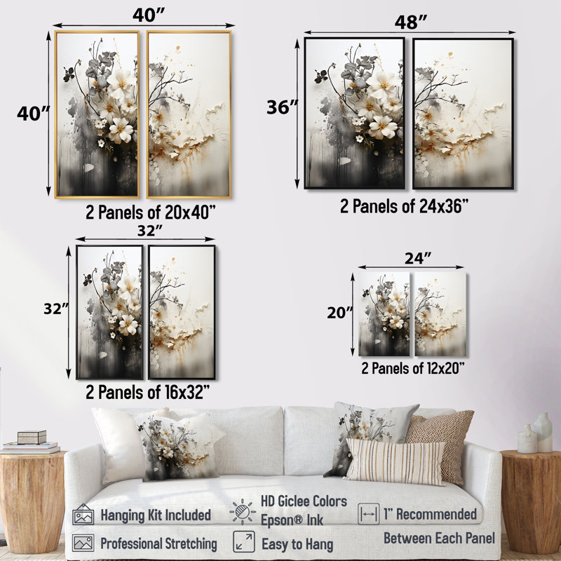 Tymeo - Boho abstrait, impressions sur toile, H 20 po x l 24 po, Reproduction avec cadre flottant, Blanc