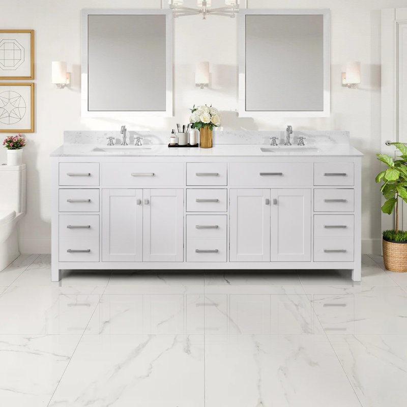 84-In White Undermount Double Sink Bathroom Vanity With Engineered Stone Top