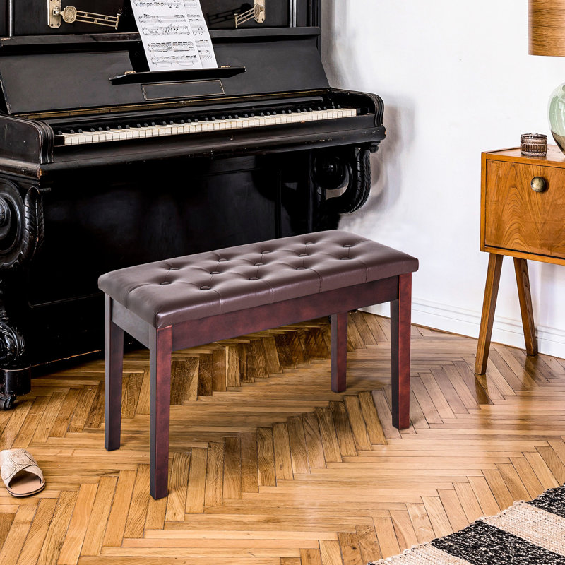 Piano Bench In Brown, Faux Leather Padded And Built On Wooden Frame For 2 Brown Duet Seat With Padding Dependable Base