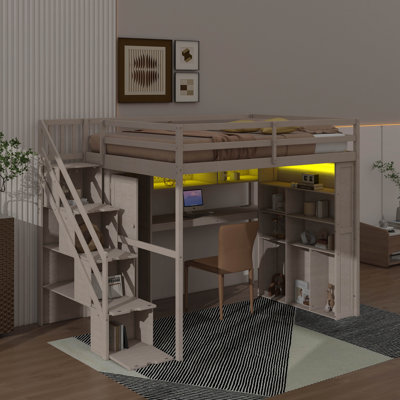 Structure de lit mezzanine avec garde-robe et bureau intégrés, tablettes et lumières DEL