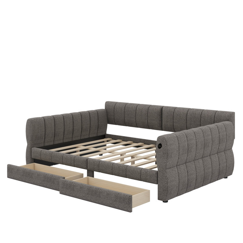 Grand lit plateforme tapissier avec port USB et tiroirs, Gris