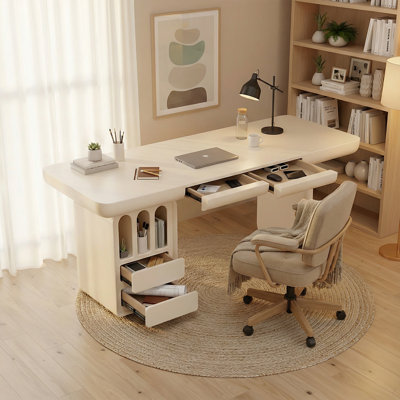 Bureau d'écriture 63 "moderne et sculptural crème, bureau minimaliste avec 4 tiroirs en bois massif et bureau intégré