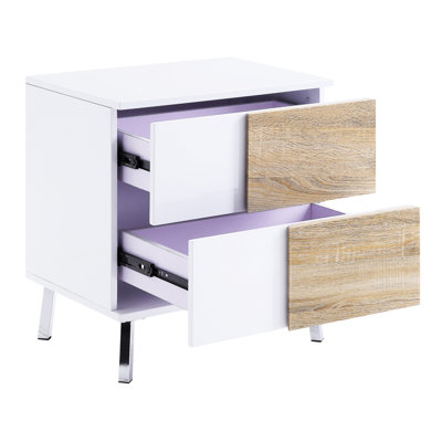 Table de bout moderne blanche ultrabrillante et naturelle avec 2 tiroirs de rangement pour les tiroirs en bois fonctionnels du salon, Look Home