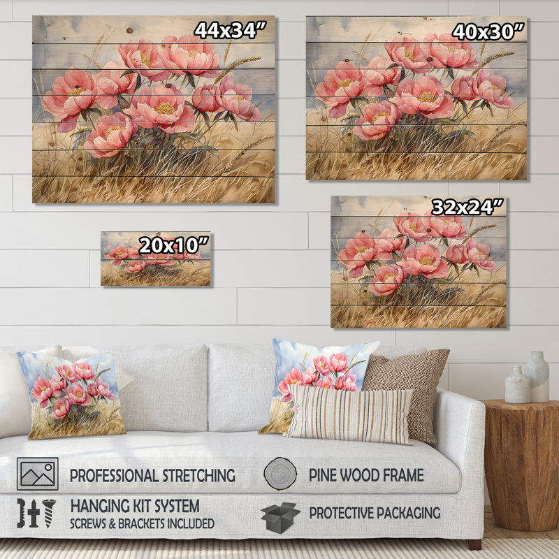Pivoines dans le champ d'ivraie III - impression de pivoines sur bois de pin naturel, H 34 po x l 44 po x P 0,78 po