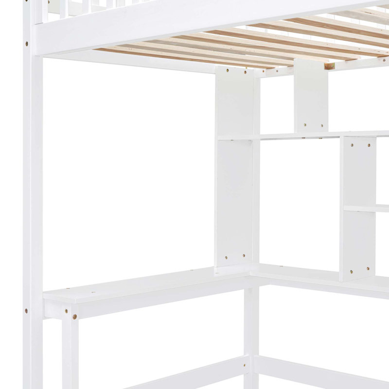 Lit mezzanine avec bibliothèque, tiroirs, bureau et garde-robe, Lit simple, Blanc
