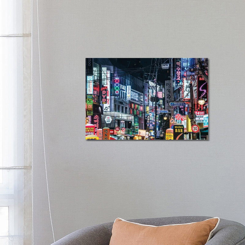 Colourful Neon Billboards at a Street In the Songpa Nighlife District, Seoul 1 Piece Wrapped Canvas Wall Art