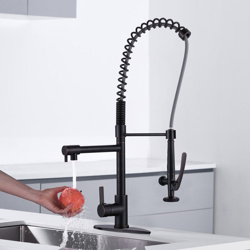 Spring Pull Down Single Handle Kitchen Faucet with Deck Plate and Handles, Oil Rubbed Bronze