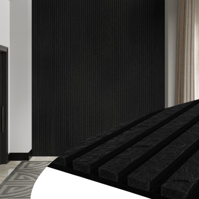 4PC x  106"L x 12.6"W  Acoustic Slat Wall Panels, 3D Faux Stone Soundproof & Waterproof Decorative Panels, (Set of 4/37.1 sq. ft.)- Black