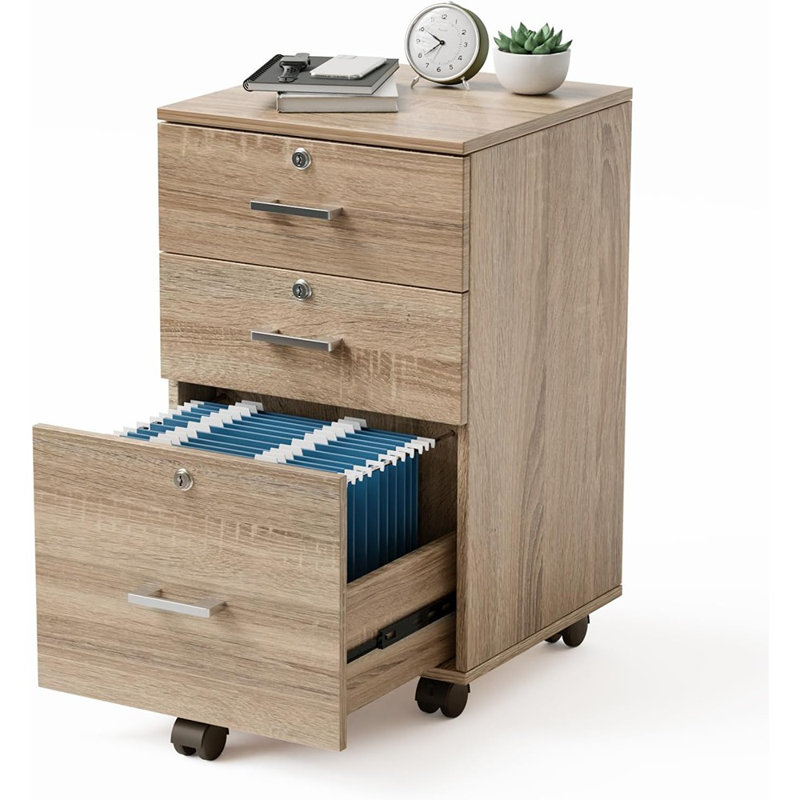 3-drawer File Cabinet With Lock, Wood Rolling File Cabinet Under Desk File Cabinets For Home Office, Mobile Printer Stand & File Cabinet For Letter Sized Files, 26" H(caster Included), Oak