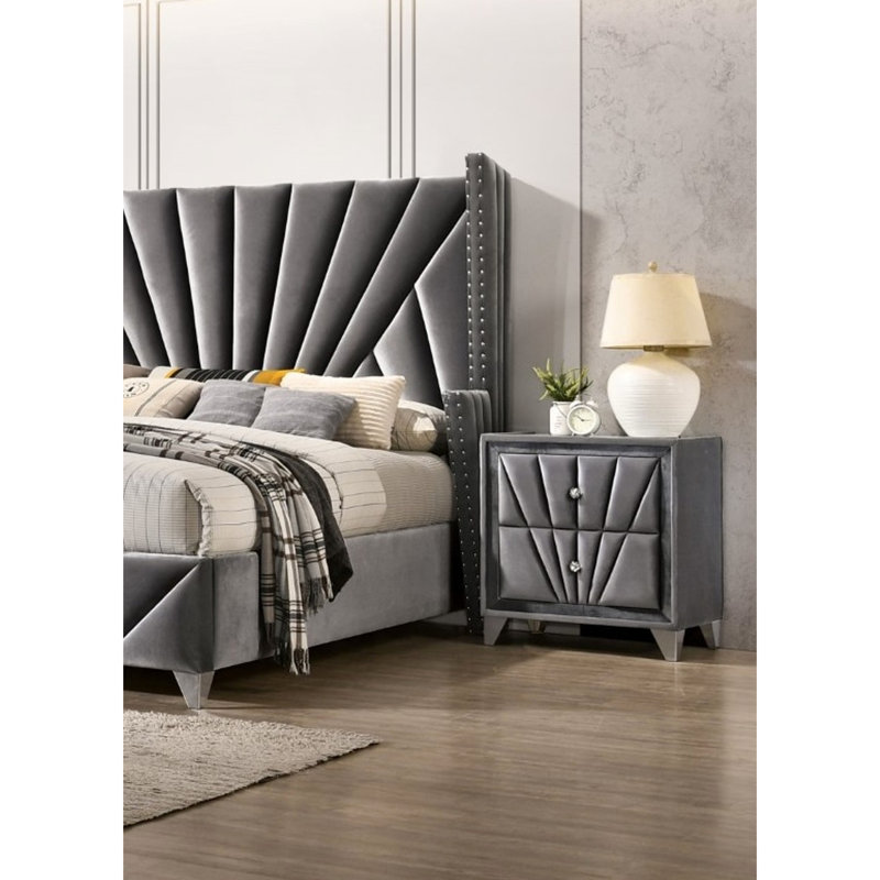 Table de chevet en tissu gris, 2 tiroirs, pieds, acrylique imitation cristal, plateau en verre, structure entièrement rembourrée, accessoires de chambre à coucher classiques en velours, conception moderne