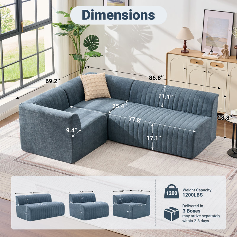 Canapé modulaire rembourré 86,8 po, Chenille bleu