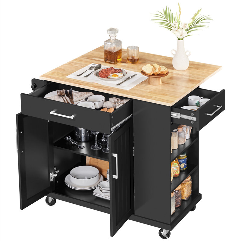 36″ H  Kitchen Island Cart with Solid Wood Top and Storage, Black