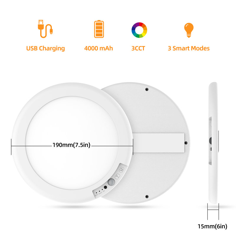 Plafonnier à DEL avec capteur de mouvement rechargeable avec télécommande, pile 4000 mAh, 3 couleurs, à intensité variable, charge USB-C, éclairage sans fil, modes automatique / nuit / marche, 8 pouces
