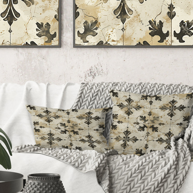 Carreaux floraux beige et noir Country IV - Coussin floral, H 16 po x l 16 po, Carrée