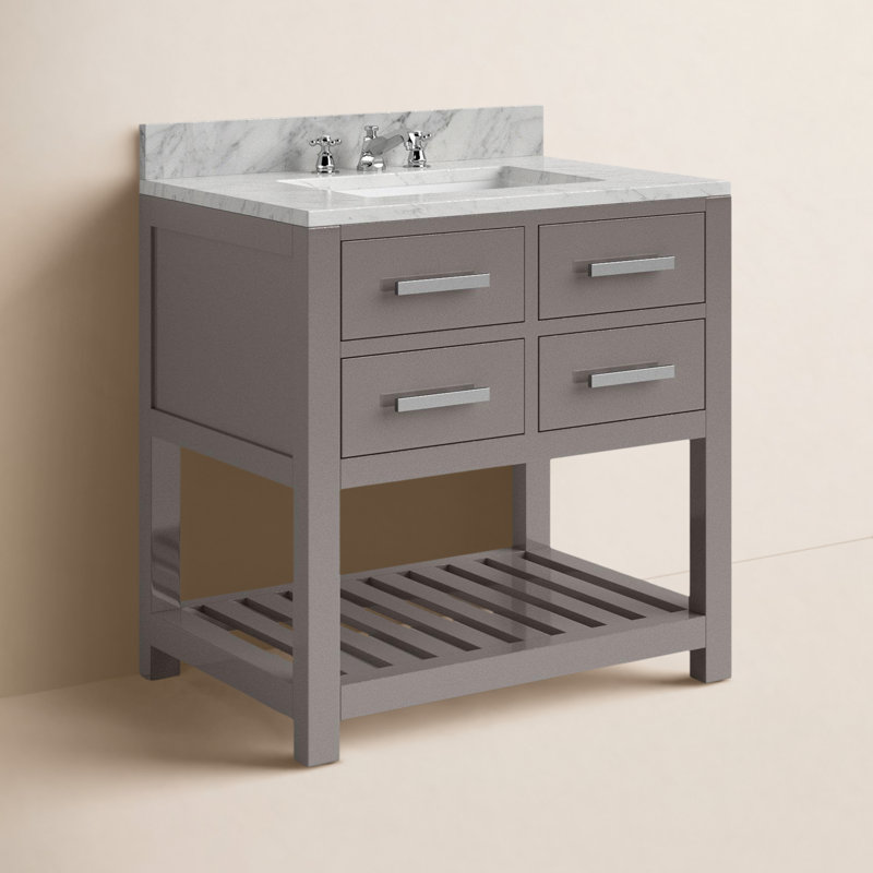 Ensemble de meuble-lavabo de comptoir en marbre blanc Carrara de 30 po avec robinet et miroir Parmer, Gris cachemire
