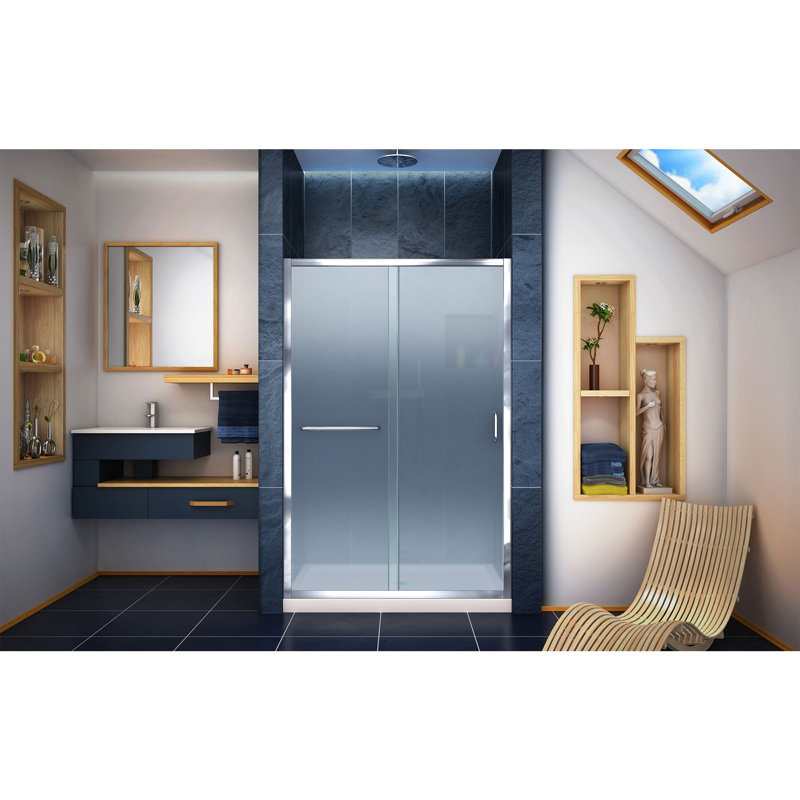 Infinity-Z 48" W x 74.75" H Semi-frameless Rectangle Sliding Shower Kit with Towel Bar and Base Included, Chrome, Biscuit