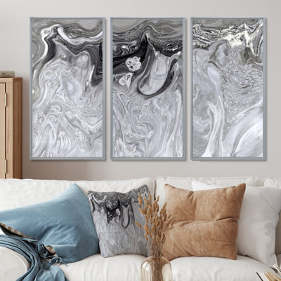 Gray Abstract Liquid Art - 3 Piece Painting on Canvas