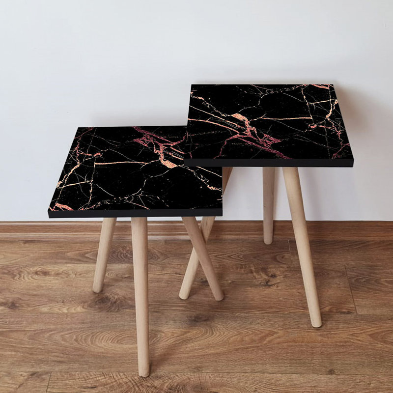Ensemble de 2 tables gigognes modernes en marbre noir et rose, 13,8 x 18,5 x 13,8 pouces et 13,8 x 16,5 x 13,8 pouces | 100% panneau de fibres à densité moyenne avec pieds en bois de hêtre, élégant et fonctionnel pour le salon et la décoration intérieure