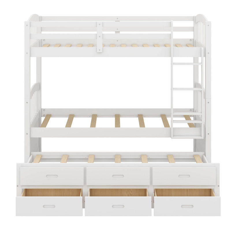 Lit superposé simple au-dessus de simple avec lit gigogne et trois tiroirs de rangement séparables, Blanc