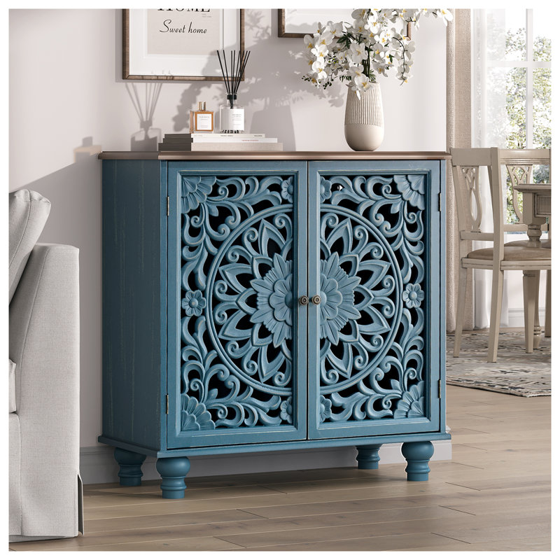 Armoire décorative avec 2 portes, armoire de rangement avec tablette réglable, buffet pour le salon, le vestibule, la salle à manger, bleu et noyer