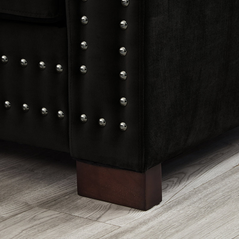 Velours noir moderne à 2 places, accoudoir carré orné de clous argentés, coussin à ressorts en éponge haute densité et ressorts ensachés, siège de rangement moderne, accoudoir, décoration cloutée, sièges, lavable