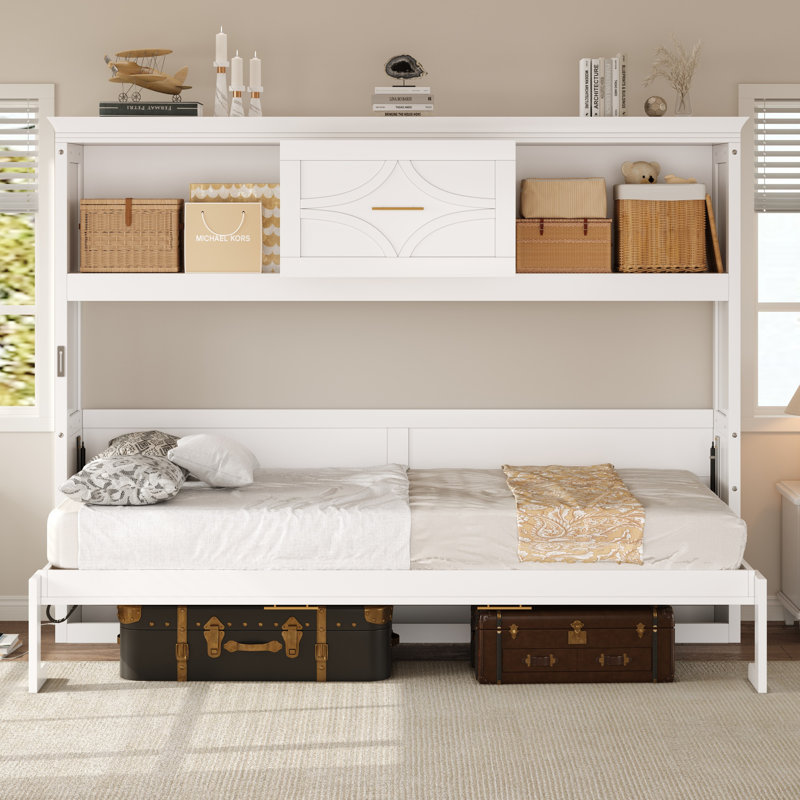 Twin Size Murphy Bed with Charging Station, Drawer & Storage Cabinets, Wood/White Finish, Arc Line Design, White