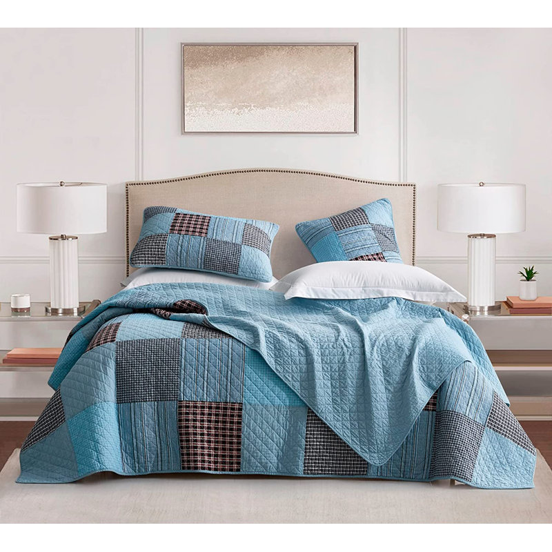 Plaid Patchwork Cotton Reversible Blue Quilt Set, King Quilt + 2 King Shams