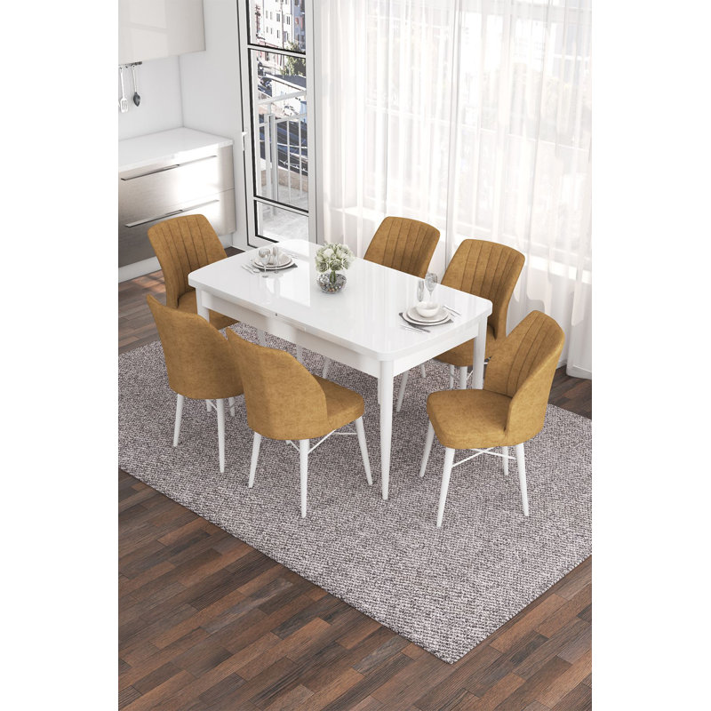 Ensemble de table et chaises de salle à manger extensible (7 pièces), blanc et cappuccino | 100% panneau de fibres à densité moyenne avec pieds en bois, table: 51,2 x 30,7 x 31,0 po (ouvert: 66,9 po) | Chaises confortables en tissu Jerry, parfaites pour les réunions de famille et les espaces repas