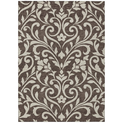 5' X 8' Chocolate And Ivory Floral Washable Indoor Outdoor Area Rug