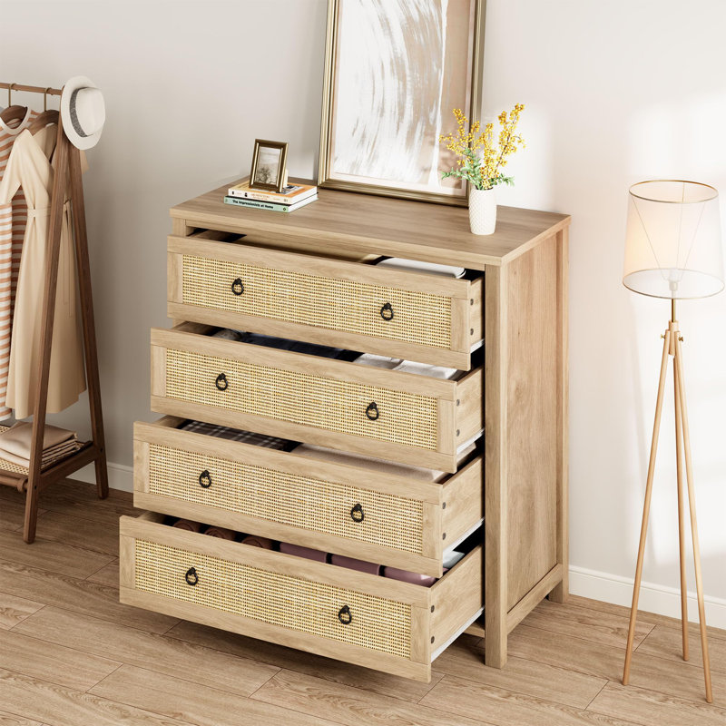 Oak & Rattan 4-Drawer Cabinet with Woven Fronts. 37" Tall Freestanding Organizer for  Living Room. Hallway. or Closet Storage
