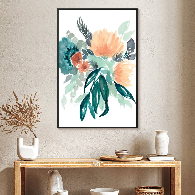 Bleu sarcelle et bouquet de pêche I, Cadre flottant noir, 27 po x 40 po