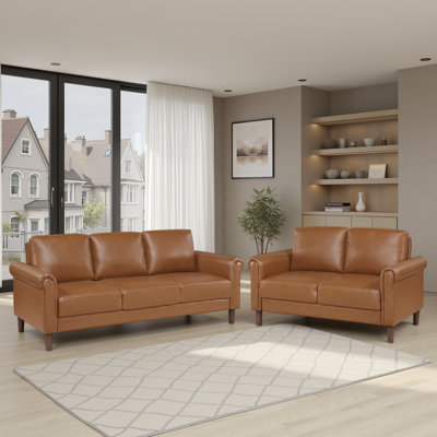 Kohlmeier Modern & Contemporary Faux Leather 2-Piece Living Room Set with Classic Rolled Arm Design, Foam & Pocket Coil Seating & Stylish Faux Wood Br by Winston Porter
