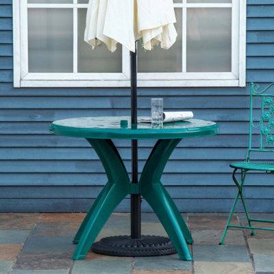 Table de patio ronde en plastique avec trou pour parasol, table de bistro d'extérieur, pour bar, jardin, cour, bord de piscine, cour