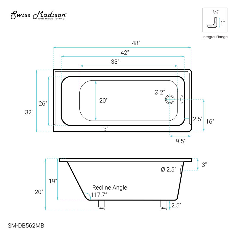 Voltaire 48" x 32" Alcove Bathtub, Right, Matte Black