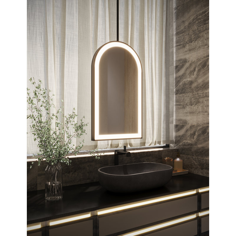 Sculpt Hanging Arch Framed Lighted Mirror, Brass