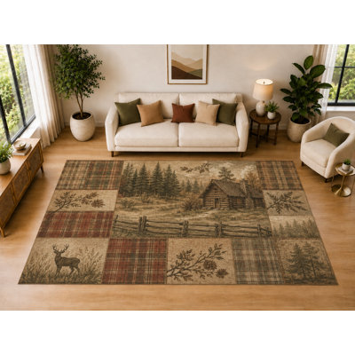 Grand patchwork de chalet rustique «Ultra Léger» 6 pi 7 po x 9 pi 10 po, salon, chambre à coucher, salle à manger, bureau, salle familiale, tapis intérieur doux à poils courts, envers en silicone antidérapant, brun